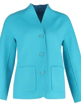 Women's Preloved Single-Breasted Jacket with Pockets in Turquoise Wool Size: 10 - Turquoise - Size: 10 - ESCADA - FashionsVida