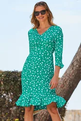Womens Green Fleck Print Ruched Front Fit & Flare Dress - Size 18 Uk