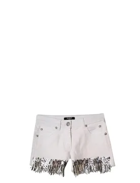 White Denim Sequin Fringed Shorts - Balmain - FashionsVida