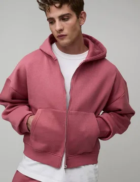 Men's Essential Shrunken Boxy Zip Through Hoodie Rose Size Large Rose L - boohooMAN - FashionsVida