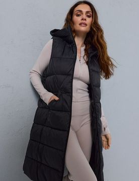 Gilet lungo trapuntato con cappuccio - nero