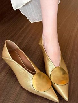 Sandalias de tacón de aguja de tacón medio con hebilla de metal en punta para mujer, color dorado, elegantes, de tacón de gatito, para fiesta