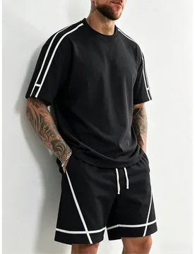 Conjunto de camiseta de manga corta de cuello redondo y pantalones cortos casuales de secado rápido para hombres, conjunto de ropa de verano ligero - Shein - FashionsVida
