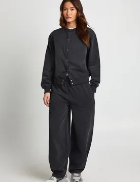 Womens Washed Popper Bomber Sweatshirt Barrell Leg Tracksuit - Black - Size X-Large - Boohoo - FashionsVida