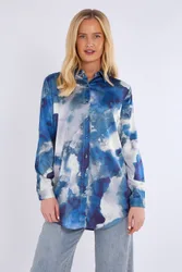 Women's Tie Dye Print Satin Shirt in Blue Size: 14 - Blue - Size: 14