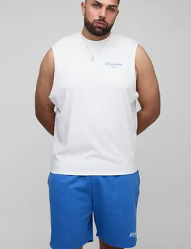 Herren Plus Drop Armhole Landschaftsdruck Tanktop & Entspanntes Shorts Set White Größe 3XL - boohooMAN - FashionsVida
