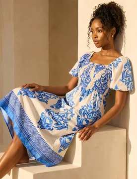 Women's Abstract Print Shirred Midi Dress in Off White Size: 16 - Off White - Size: 16 - Roman - FashionsVida