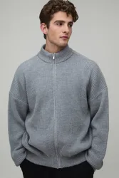 Herren Locker Geschnittene Gerippte Strick-Trainingsjacke Grey Größe Medium