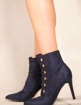 Womens 'Blythe' Pointed Toe Mid Heel Ankle Boots In Navy Blue Faux Suede - Size Uk 5 - Where's That From - FashionsVida