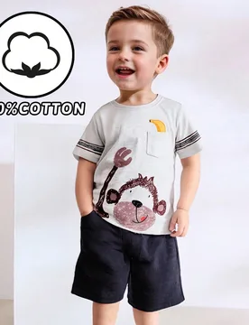 Set de 2 piezas con camiseta de manga corta informal con estampado de mono de caricatura y shorts con bolsillos para niños, conjunto de ropa de veran - Shein - FashionsVida