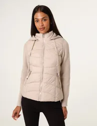 Knitted Sleeve Puffer Jacket - S / STONE - female