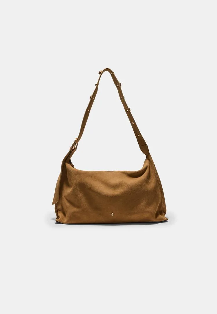 Flache Schultertasche mit Nieten, 100 % Leder Beige OS - Stradivarius - FashionsVida