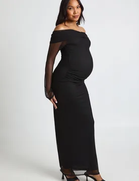 Womens Maternity Bardot Ruched Mesh Sleeve Maxi Dress - Black - Size 10 Uk - Boohoo - FashionsVida