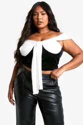 Womens Plus Mesh And Velvet Tie Front Bardot Corset Top - Black - Size 20 Uk