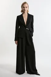 Womens Tailored Crepe Pleat Detail Wide Leg Trousers - Black - Size 6 Uk