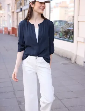 Street One 3/4-Arm Bluse mit Rundhals und Knöpfen female Blau