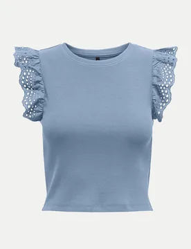 T-Shirt mit Lochstickerei am Ärmelsaum Blau M - Only - FashionsVida