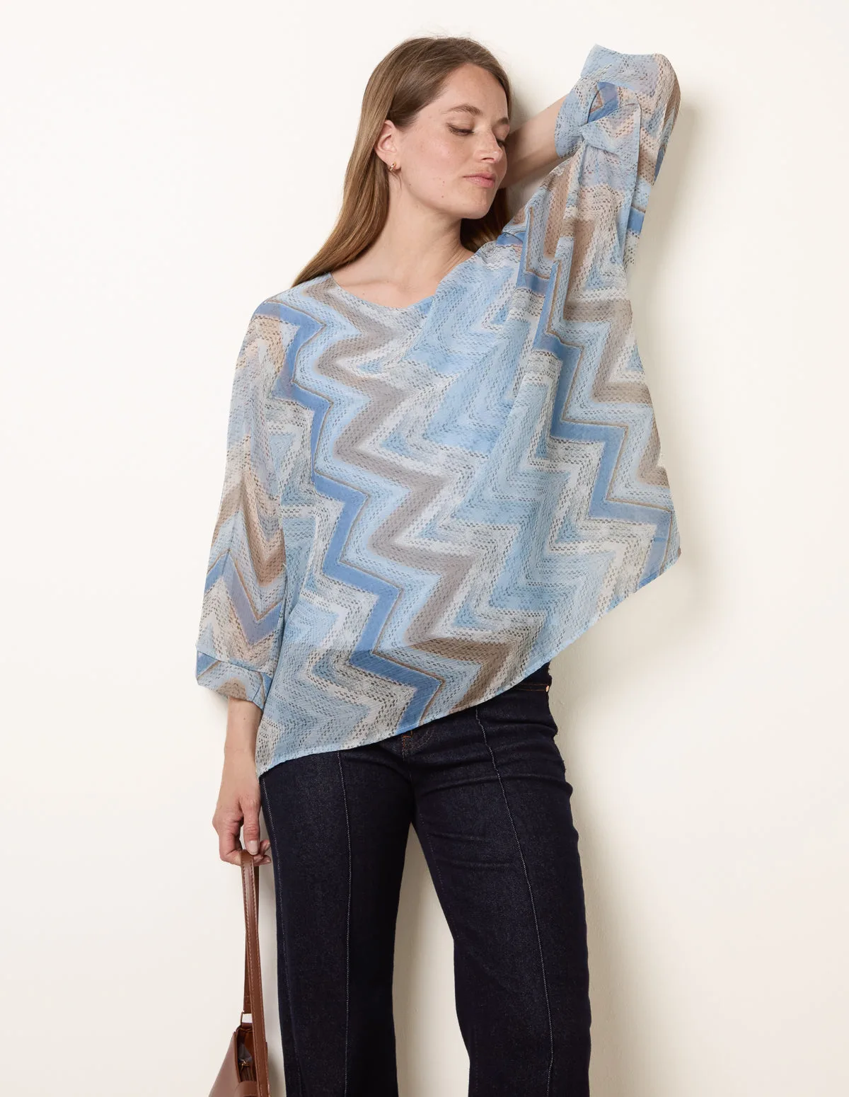 Zig Zag Round Neck Oversized Top - ONE / BLUE - female - Blue Vanilla - FashionsVida