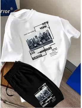 Conjunto casual con estampado de la ciudad de Nueva York, conjunto con estampado de arquitectura urbana vintage en blanco y negro, camiseta de cuello - Shein - FashionsVida