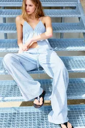 Striped Linen Blend Pyjama-Style Trousers (Size: )
