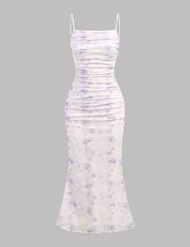 Vestido de tirantes arrugado de malla con estampado floral para adolescentes, informal