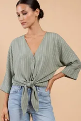 Women's Green Stripe Tie-Knot Top with V-Neck Size: 14 - Multicolor - Size: 14