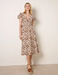 Printed V Neck Frill Sleeve Midi Dress - L / MOCHA - female