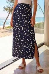 Spot Print Stretch Maxi Skirt - Navy - Size: 20