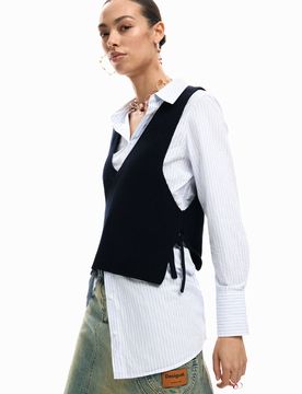 Camisa chaleco desmontable, Mujer, Algodon, Negro, XS