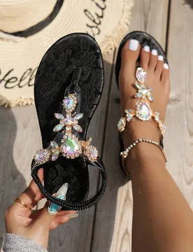 Sandalias de mujer con decoración de rhinestones blancos, estilo plano antideslizante con tira en T, sexy para boda, fiesta y playa, estilo bohemio t - Shein - FashionsVida