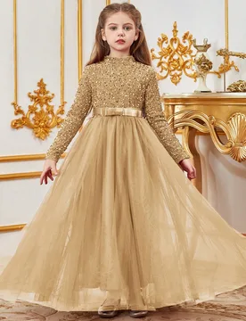 Elegante vestido de tutú con cuello alto y línea A para niñas - Diseño de manga larga con ajuste ceñido - Perfecto para fiestas de cumpleaños - Shein - FashionsVida