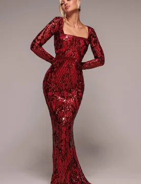 Women's Sequin Square Neck Maxi With Scallop Hem in Red Size: 8 - Red - Size: 8 - Goddiva - FashionsVida