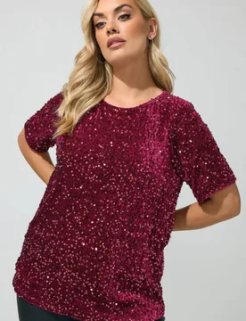 Women's Sequin Velvet T-Shirt in Red Size: 22-24 - Red - Size: 22-24 - Yours - FashionsVida