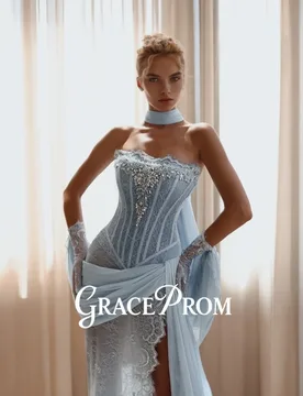 GraceProm Dazzling Light Blue Strapless Evening Dress Formal Corset Lace Slit Chiffon Cape Floor-Length Carpet Gown Luxurious - Aliexpress - FashionsVida