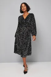 Sequin Velvet Twist Midi Dress - Black - Size: 20