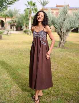 Palm Tree Embroidery Smock Dress - L / CHOCOLATE - female - Blue Vanilla - FashionsVida