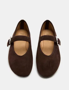 Suede Flat Mary Jane Ballet Pumps Brown female - M&S - FashionsVida