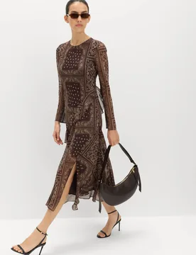 Printed Frill Detail Midi Column Dress Brown Mix female - M&S - FashionsVida