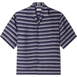 Camisa de lino de hombre a rayas de corte ancho cuello barco manga corta