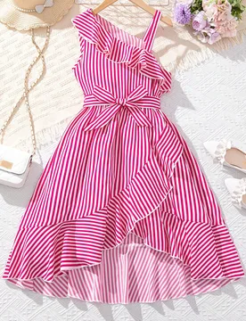 Vestido largo a rayas para niñas preadolescentes con tirantes asimétricos y volantes para playa, vacaciones, verano, viajes - Shein - FashionsVida