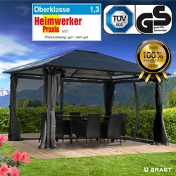 Alu Pavillon PREMIUM mit festem Dach 3x4m grau