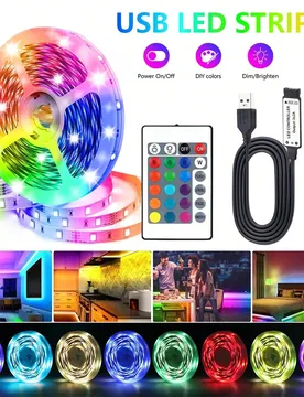 Tira De Luz Led Rgb De Cambio De Color De 5v En Interiores De 1 M A 30 M Con Control Remoto De 24 Teclas, Ideal Para La Decoración De Habitaciones, H - Shein - FashionsVida