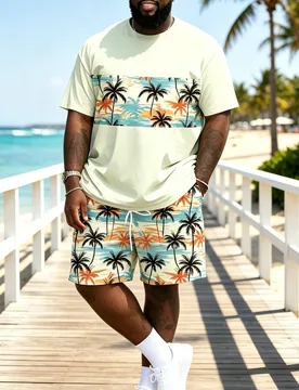 Set de 2 piezas Camisa de manga corta con estampado de árbol de coco y pantalón corto con cordón para hombres talla grande, camiseta de cuello redo - Shein - FashionsVida