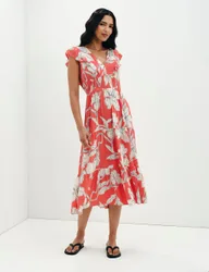 Voile Floral V-Neck Midi Tiered Dress Red Mix female