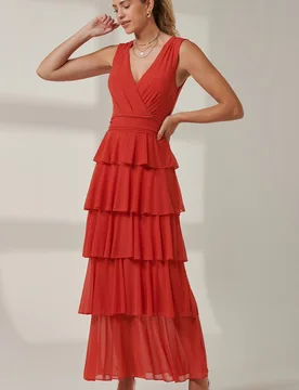 Women's Plain Tiered Mesh Maxi Dress in Orange Size: 12 - Orange - Size: 12 - Jolie Moi - FashionsVida