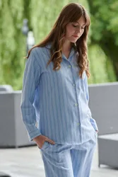 Westwood' Blue Stripe Brushed Cotton Pyjama Set - Light Blue - Size: S