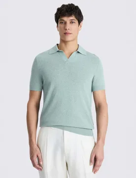 Cotton Linen Blend Knitted Polo Shirt Aqua male - MOSS - FashionsVida