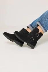 Women's Double Buckle Ankle Boots In Wide Fit in Black Size: 5E - Black - Size: 5E