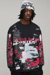 Herren Oversized Grafik-Print Langarm T-Shirt Black Größe Small