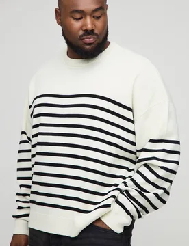 Herren Plus Gestrickter Streifen Oversized Rundhals Pullover Ecru Größe 2XL - boohooMAN - FashionsVida